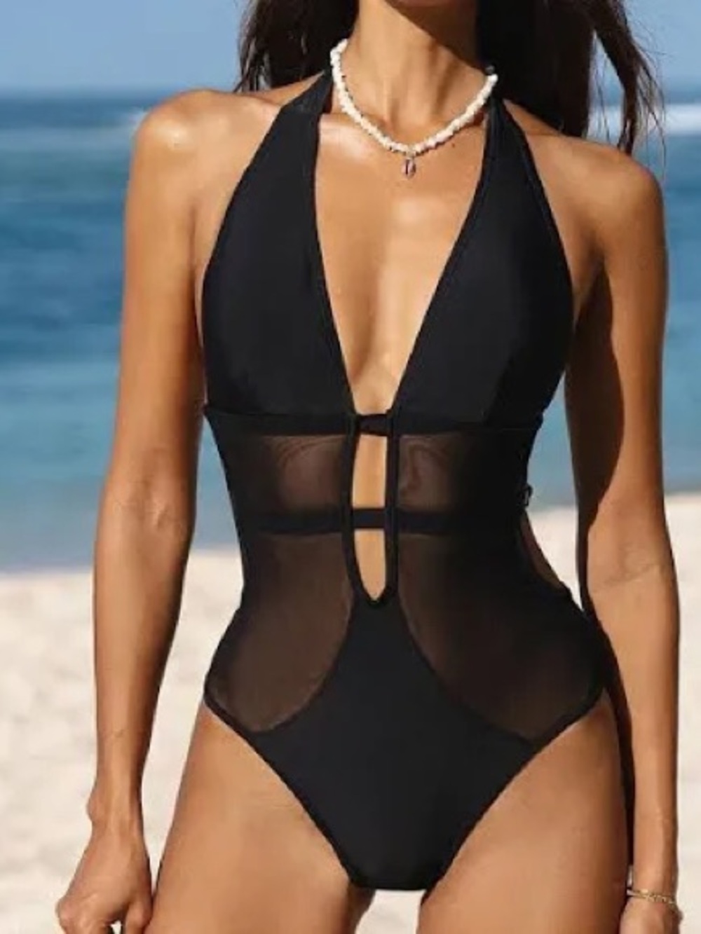 Cupshe Black Halter Mesh-Inset One-Piece Swimsuit